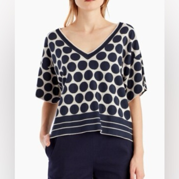 CAbi | Volley Reversible Navy and White Polka Dot Short Sleeve Pullover Sweater - Picture 1 of 16
